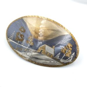 Hand carved brooch pin winter cabin scene by Quebec artist Philippe Boivin